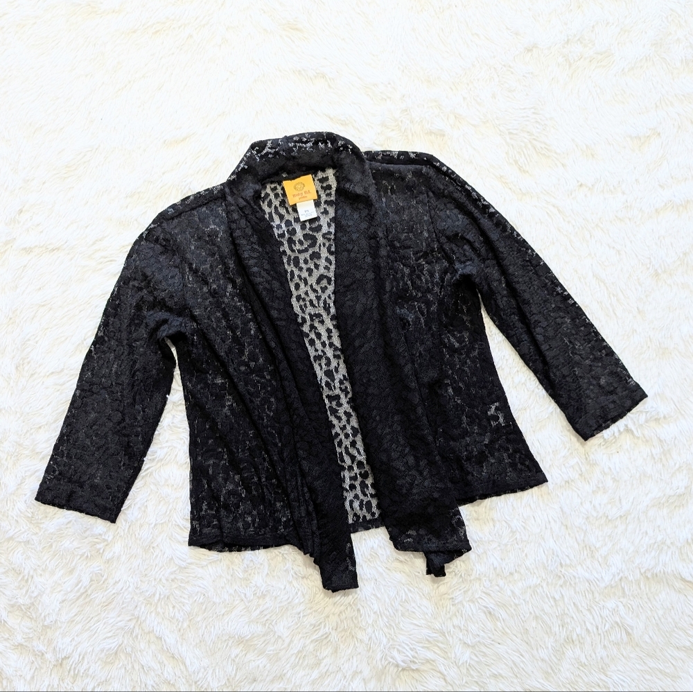 Ruby Rd. Sheer Black Leopard Lace Open Front Cardigan Size Petite Small